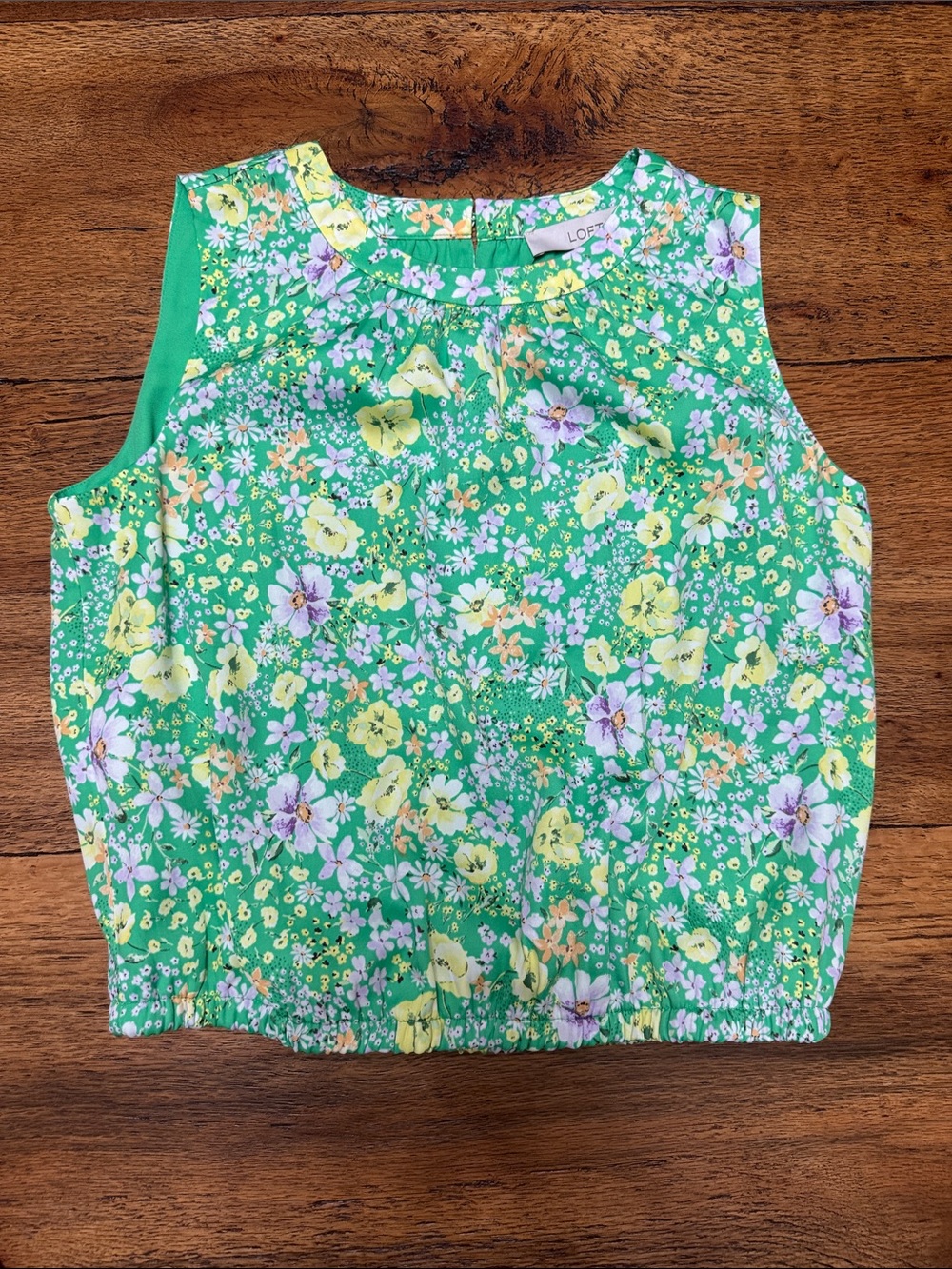 LOFT Green Floral Sleeveless Blouse with Yellow and Lavender Flowers